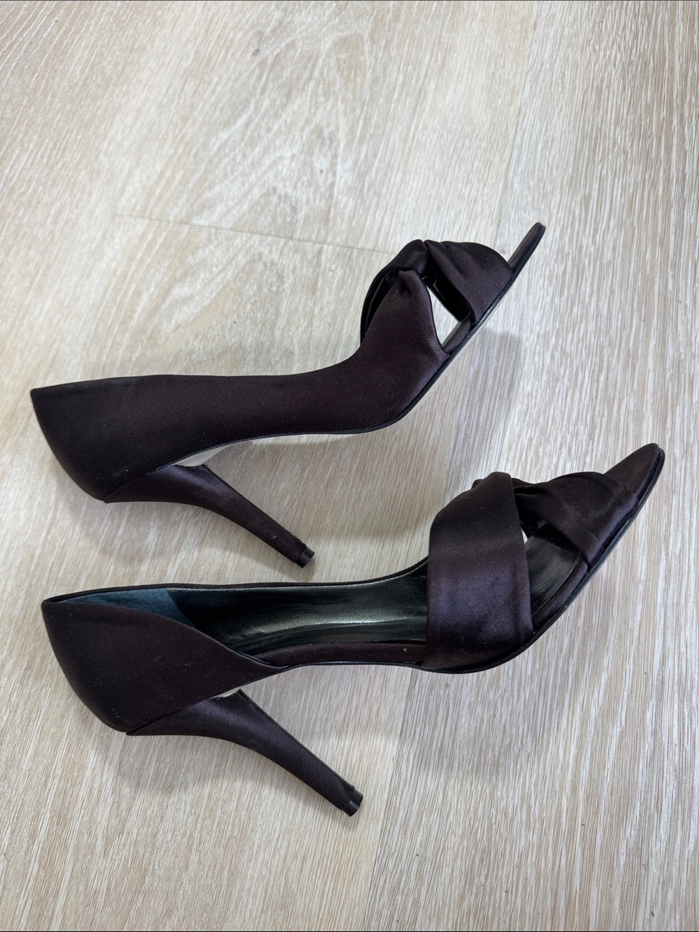 Nine West Dark Brown Satin Peep-Toe Knot Heels - Picture 3 of 7